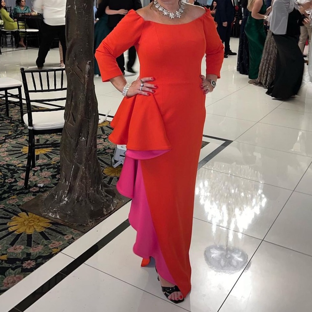 Jovani long two toned ruffle ornate high slit dress